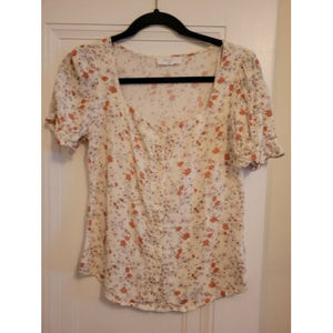 Elodie Floral Puff Short Sleeve Button Front Blouse Cottagecore Size XS